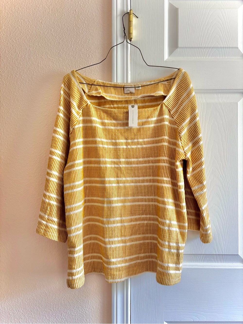 Anthropologie Yellow Slit Sleeve Stripe Tee New With Tags XL